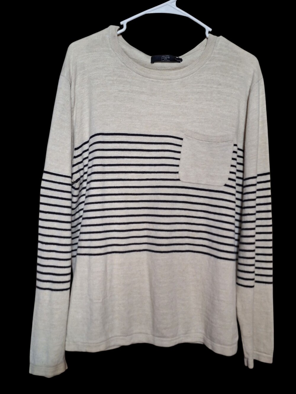 J Crew Mens L Cream Black Striped Lightweight Sweater Preppy 90s Y2K 100% Cotton